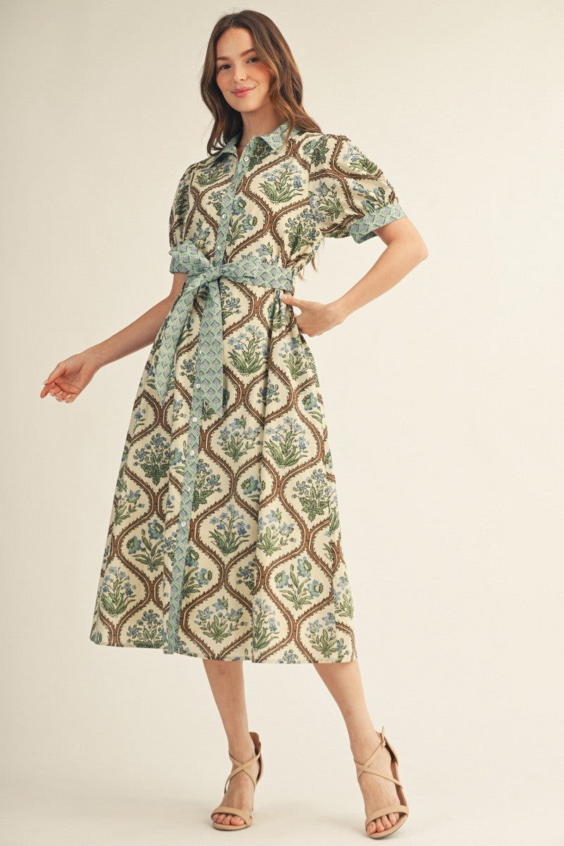 Button Front Tie Waist Floral Print Midi Dress