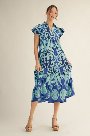 Bold Print Tiered Midi Dress w/ Pockets