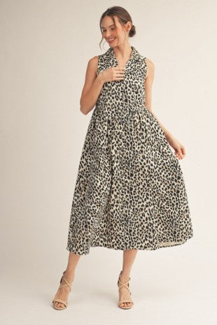 Sleeveless Leopard Print Midi Dress w/ Pockets