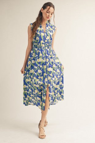 Smocked Waistline Zip Up Floral Midi Dress w/ Pockets
