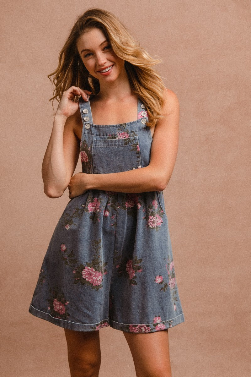 Floral Print Denim Short Overalls (Small - 3XL)