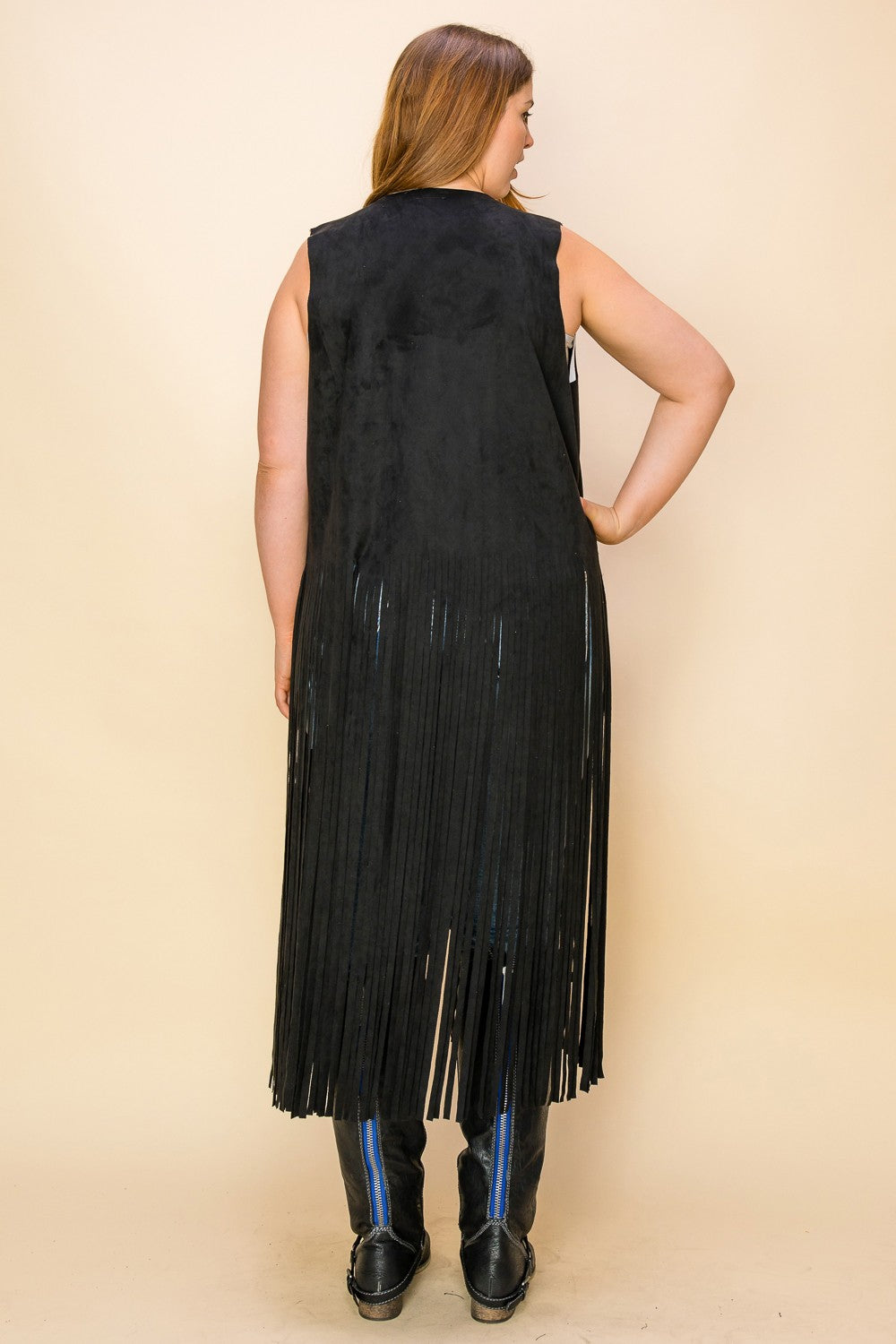 Cowgirl Long Fringe Vest (Black - 1X - 3X)