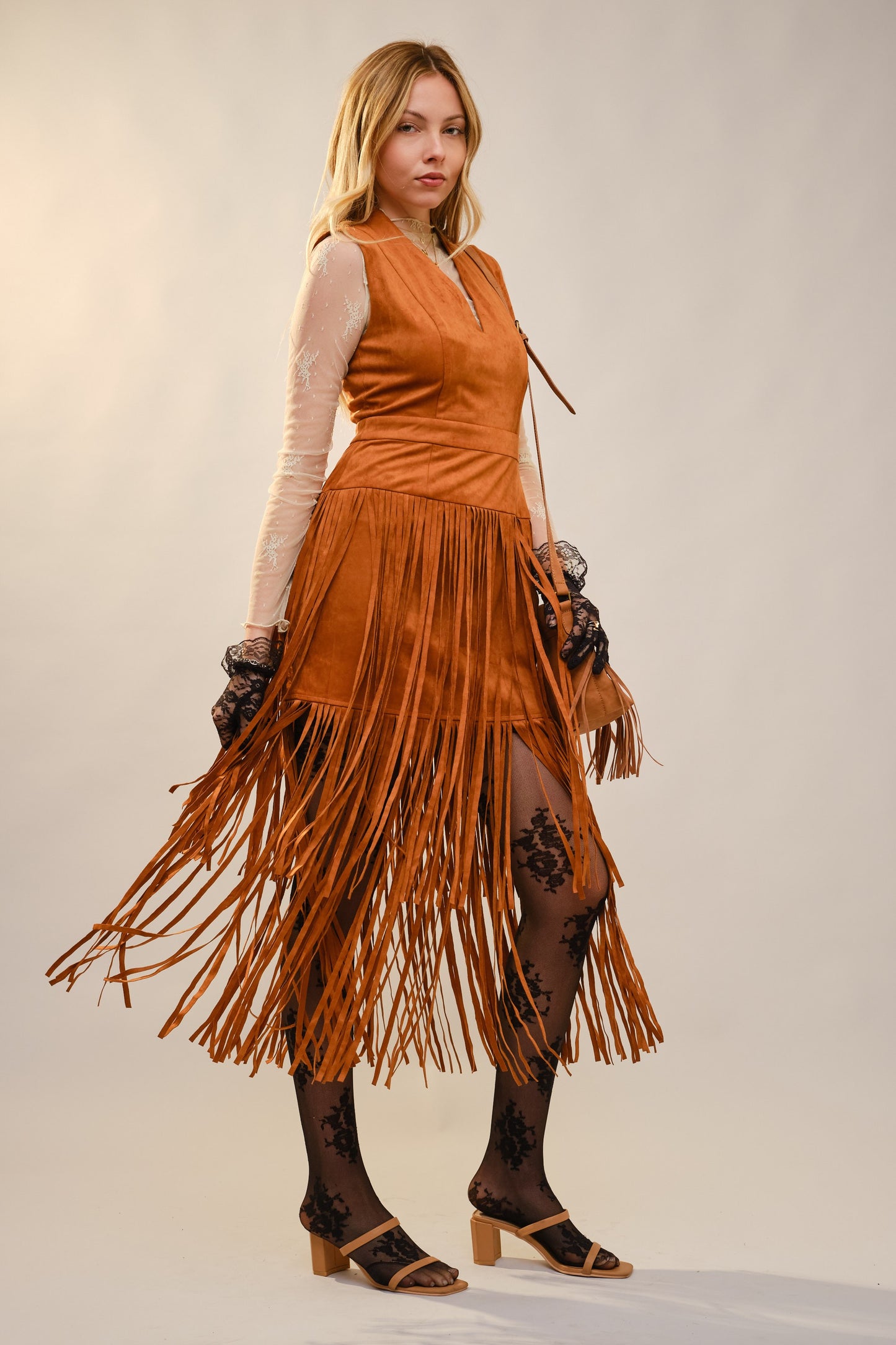 Faux Suede V-Neck Fringe Tiered Dress