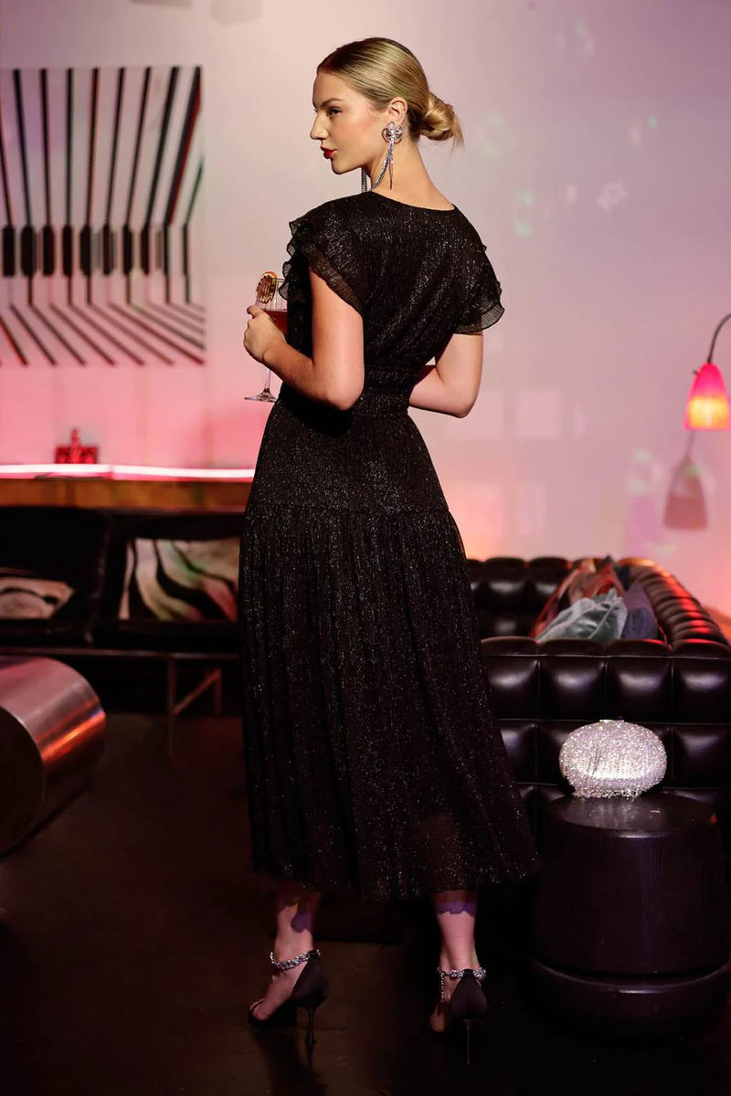 Glitter Ruffle Sleeve Tiered Midi Dress