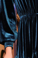 Velvet Split Collar Long Sleeve Godet Dress (Dark Teal)