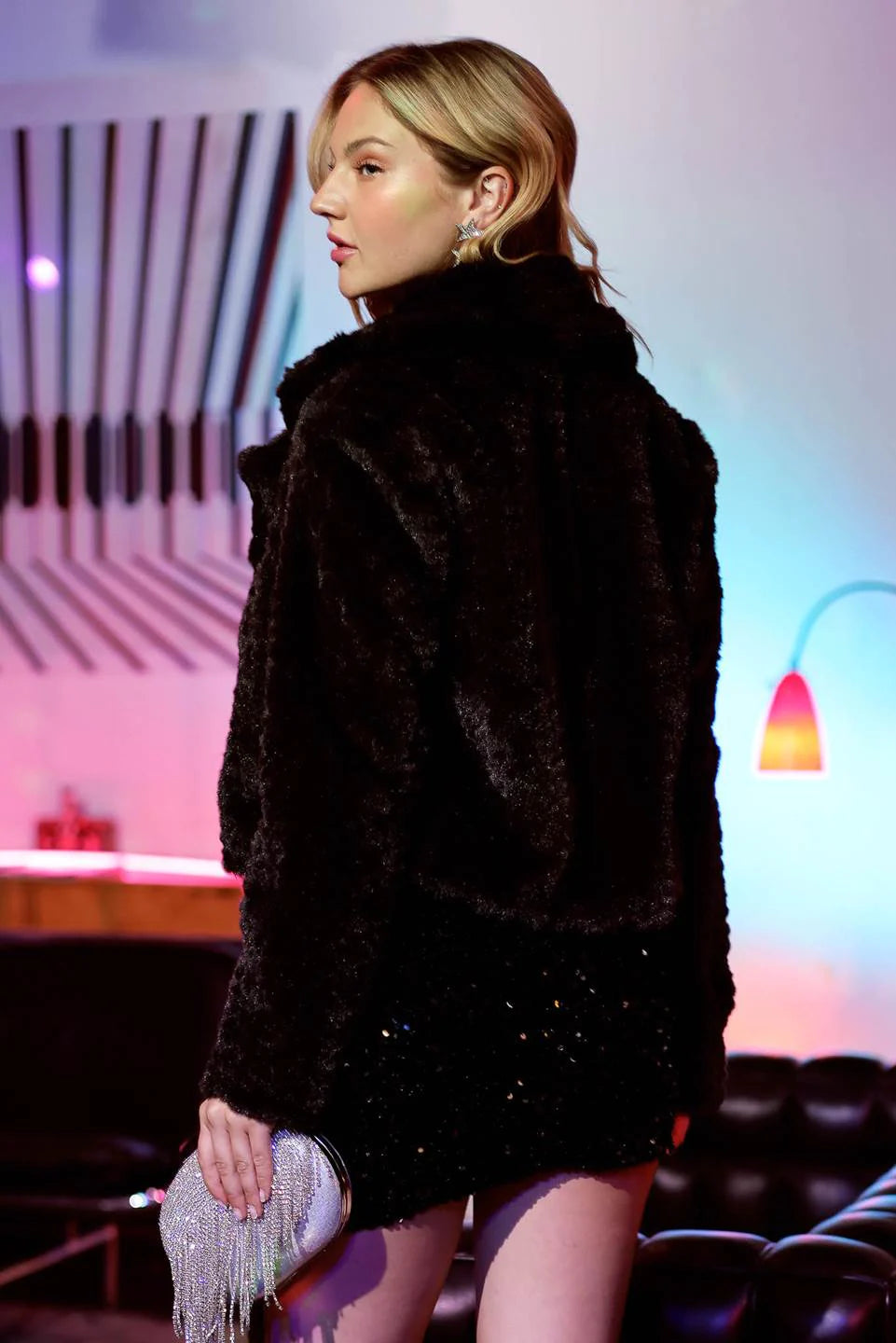 Faux Fur Notch Collar Jacket (Black)