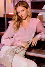 Sheer V-Neck Long Sleeve Woven Top