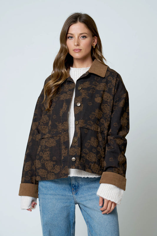 Brown Floral Denim Jacket w/ Corduroy Contrast