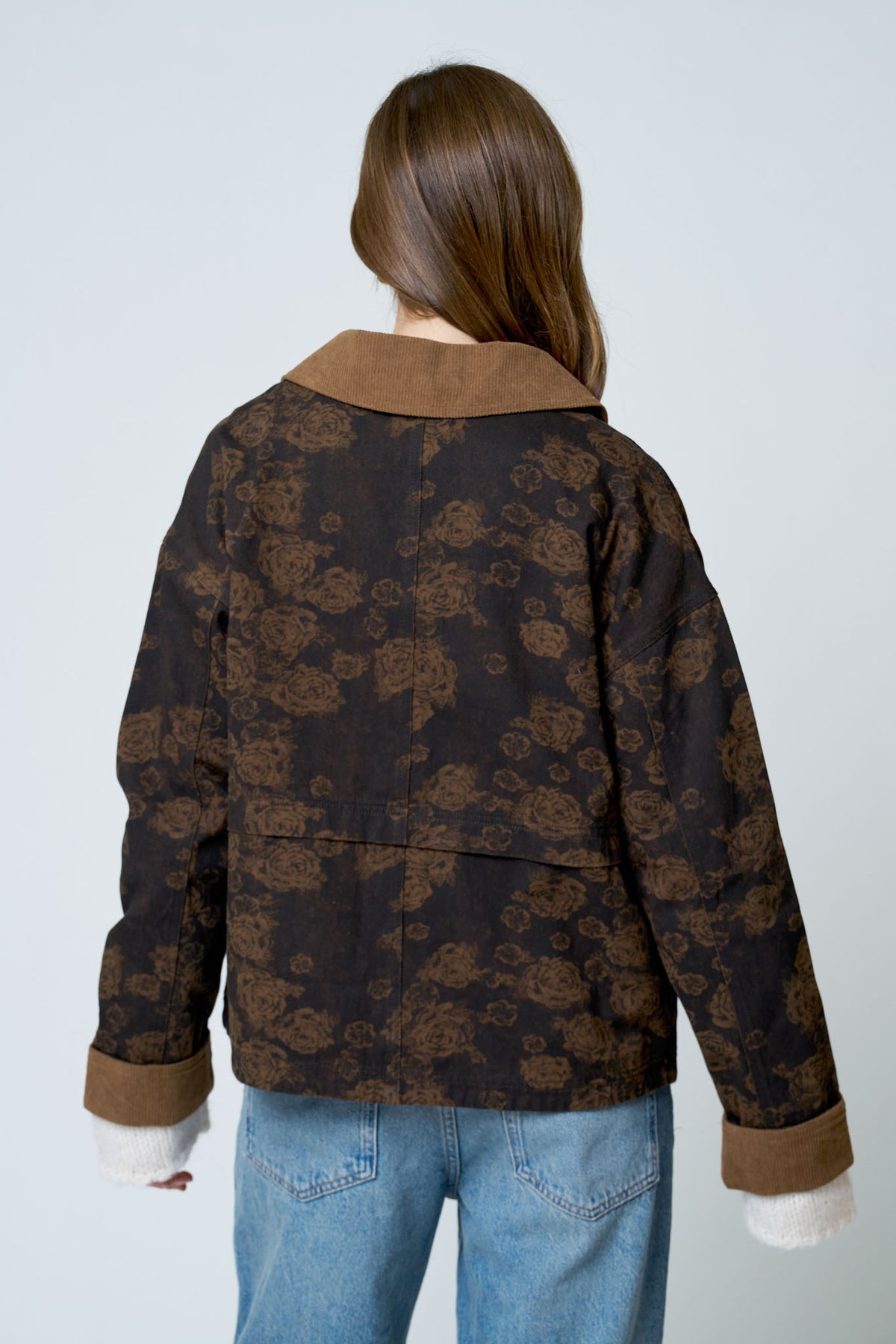 Brown Floral Denim Jacket w/ Corduroy Contrast