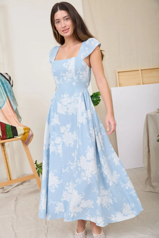 Blue Floral Print Cap Sleeve Midi Dress