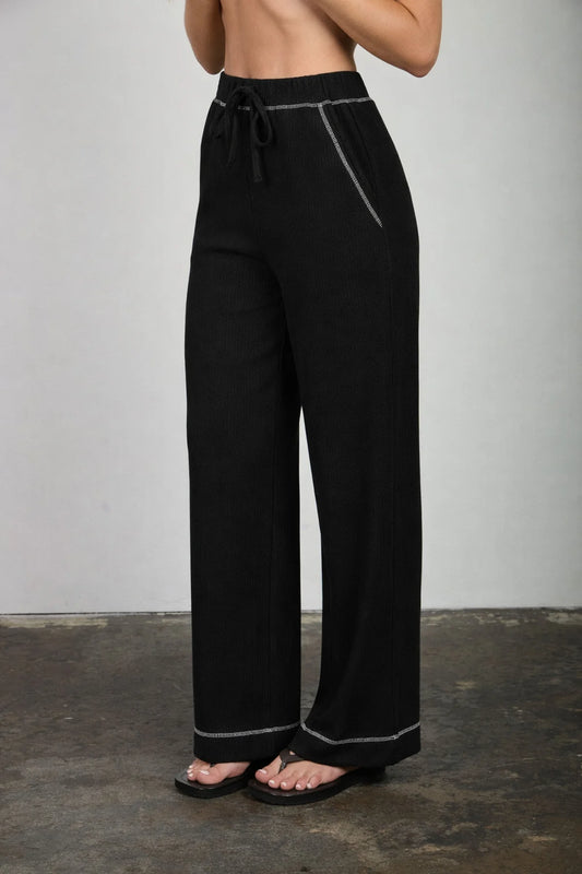 Drawstring Ribbed Knit Lounge Pants (Black)