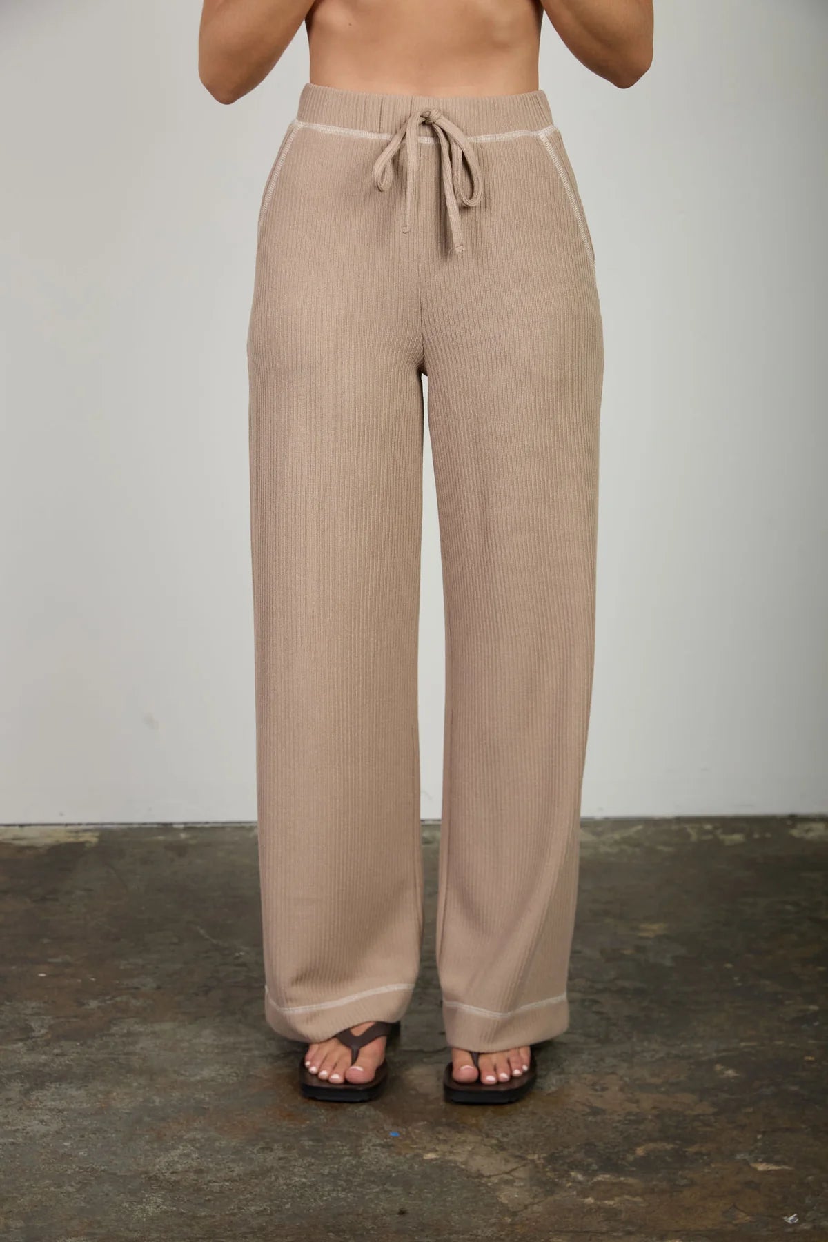 Drawstring Ribbed Knit Lounge Pants (Mocha)