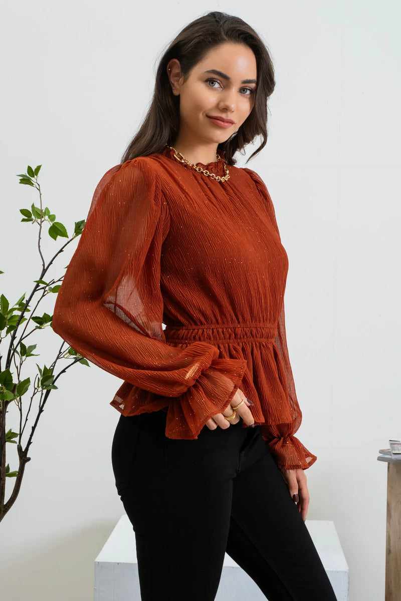 Glitter Balloon Sleeve Top (Rust)