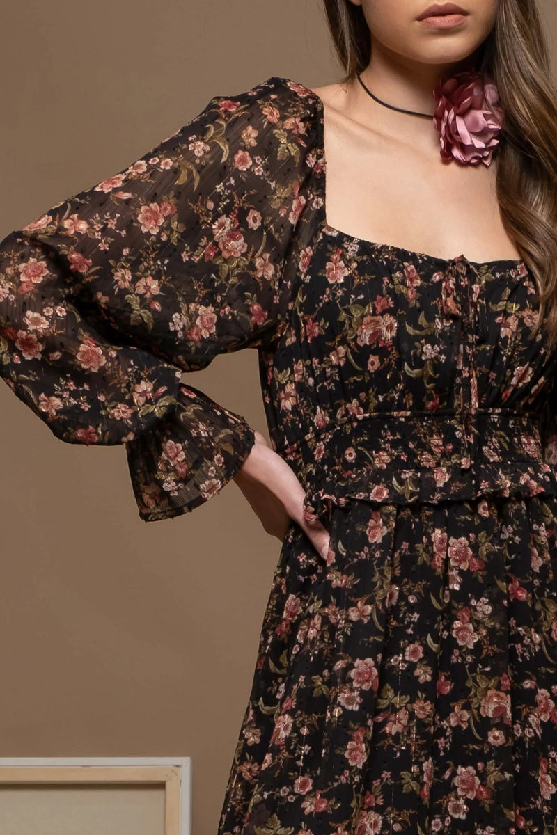 Floral Square Neck Ruffle Waist Midi Dress