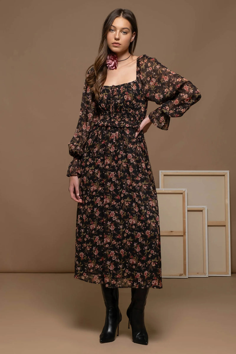 Floral Square Neck Ruffle Waist Midi Dress