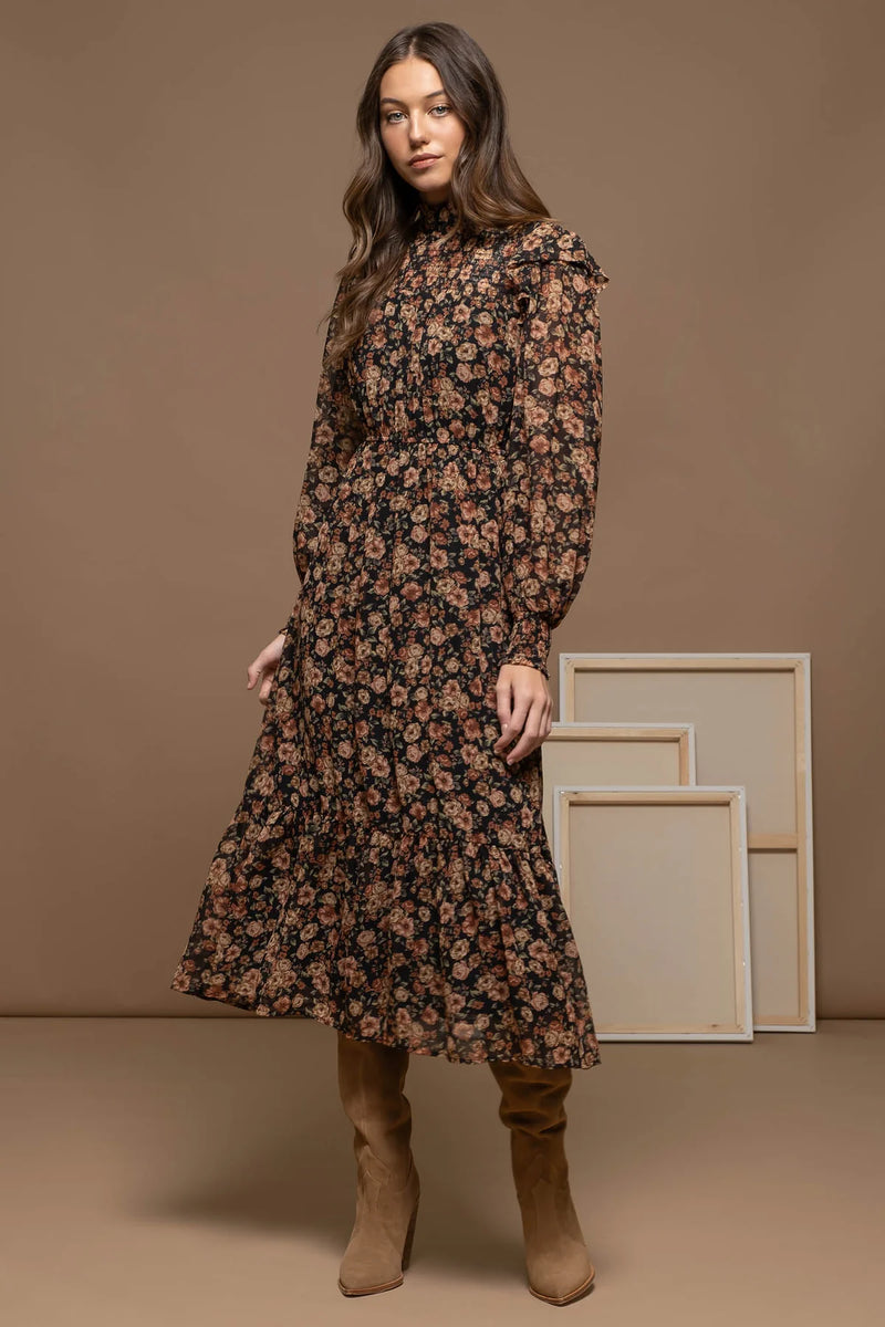 Mock Neck Floral Midi Dress