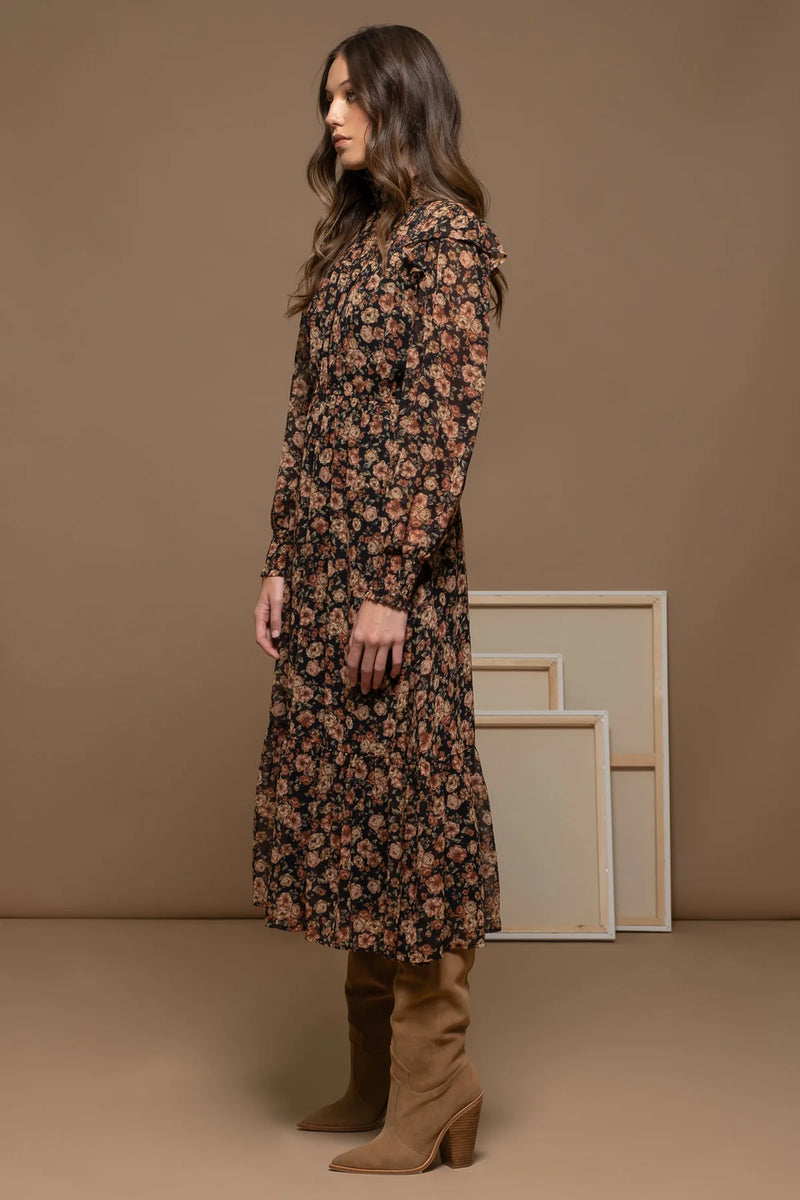 Mock Neck Floral Midi Dress