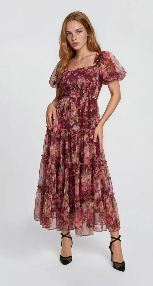 Floral & Polka Dot Tulle Puff Sleeve Midi Dress