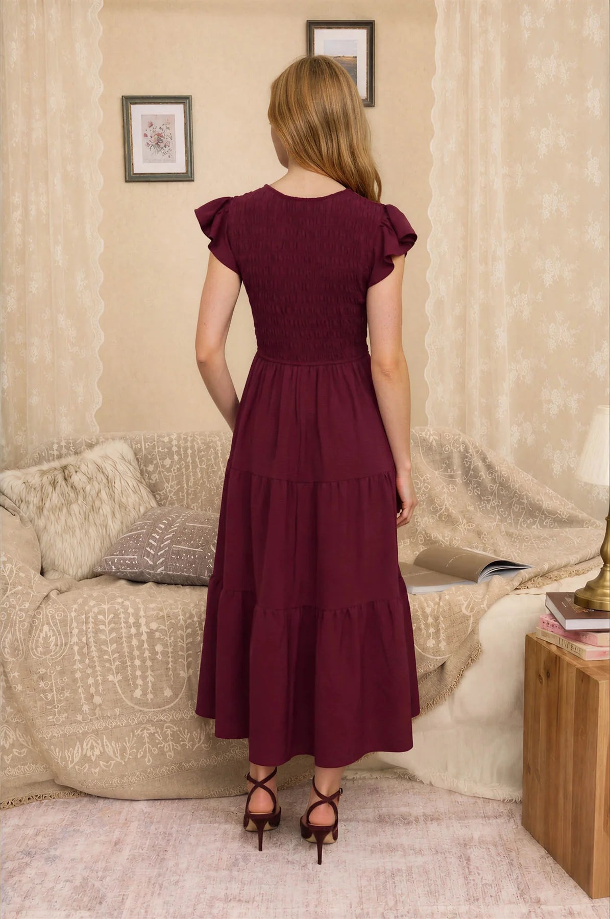 Flutter Sleeve V-Neck Smocked Midi Dress (Burgundy)