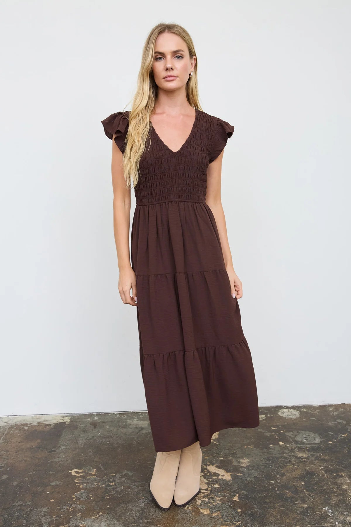 Flutter Sleeve V-Neck Smocked Midi Dress (Chocolate Brown)