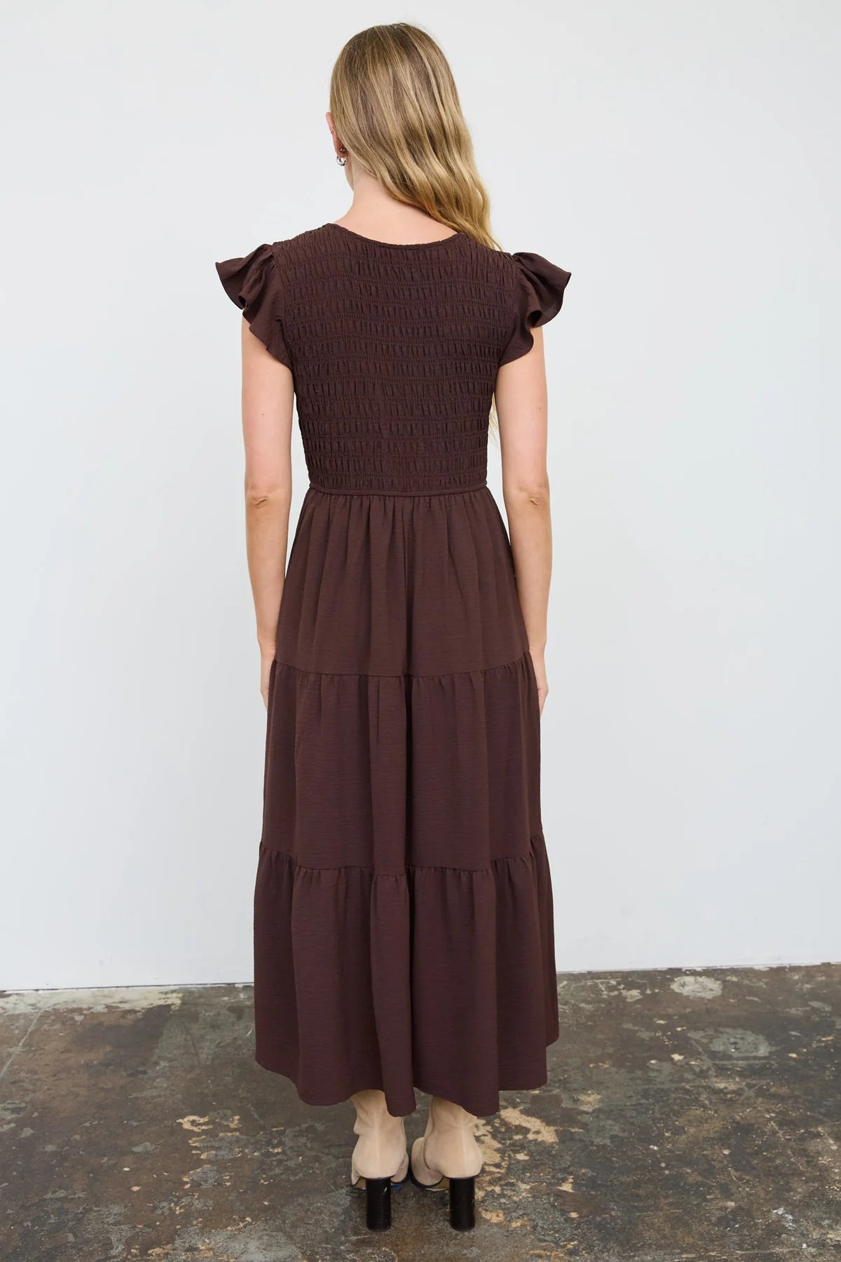 Flutter Sleeve V-Neck Smocked Midi Dress (Chocolate Brown)