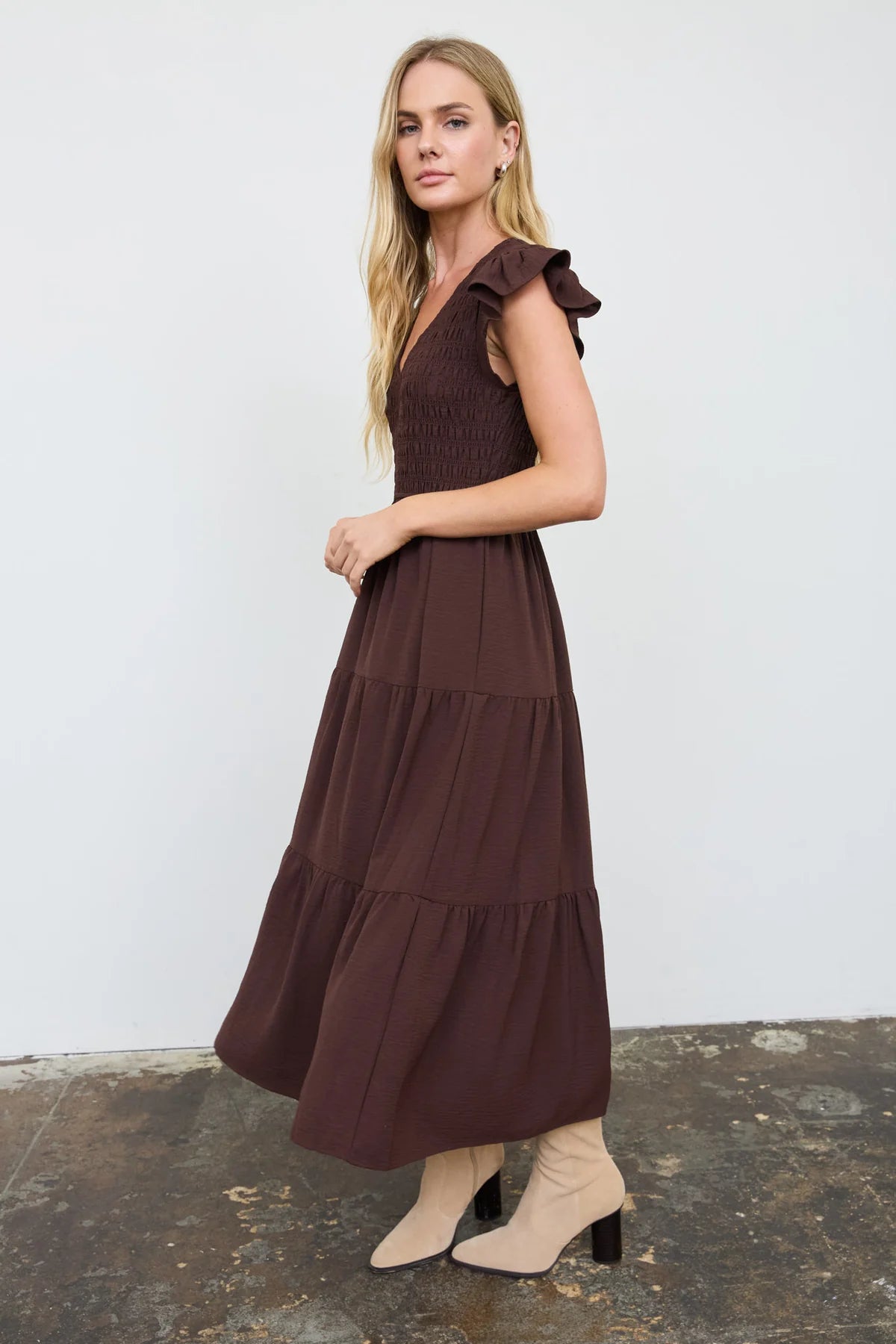Flutter Sleeve V-Neck Smocked Midi Dress (Chocolate Brown)