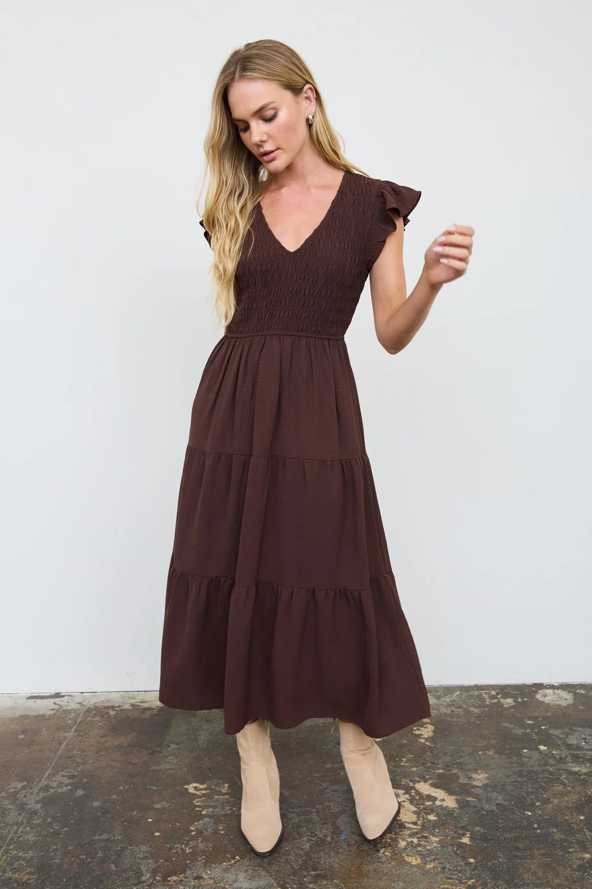 Flutter Sleeve V-Neck Smocked Midi Dress (Chocolate Brown)