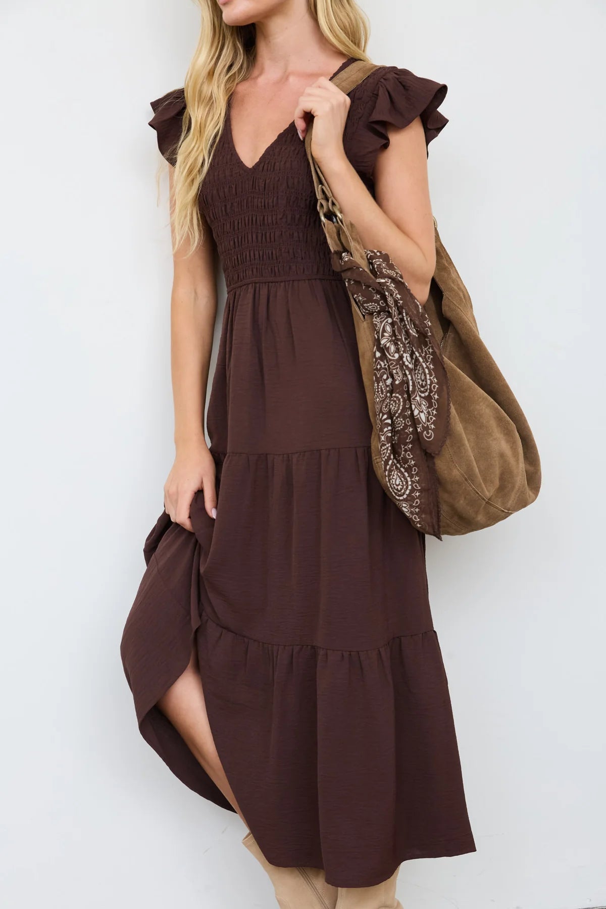 Flutter Sleeve V-Neck Smocked Midi Dress (Chocolate Brown)
