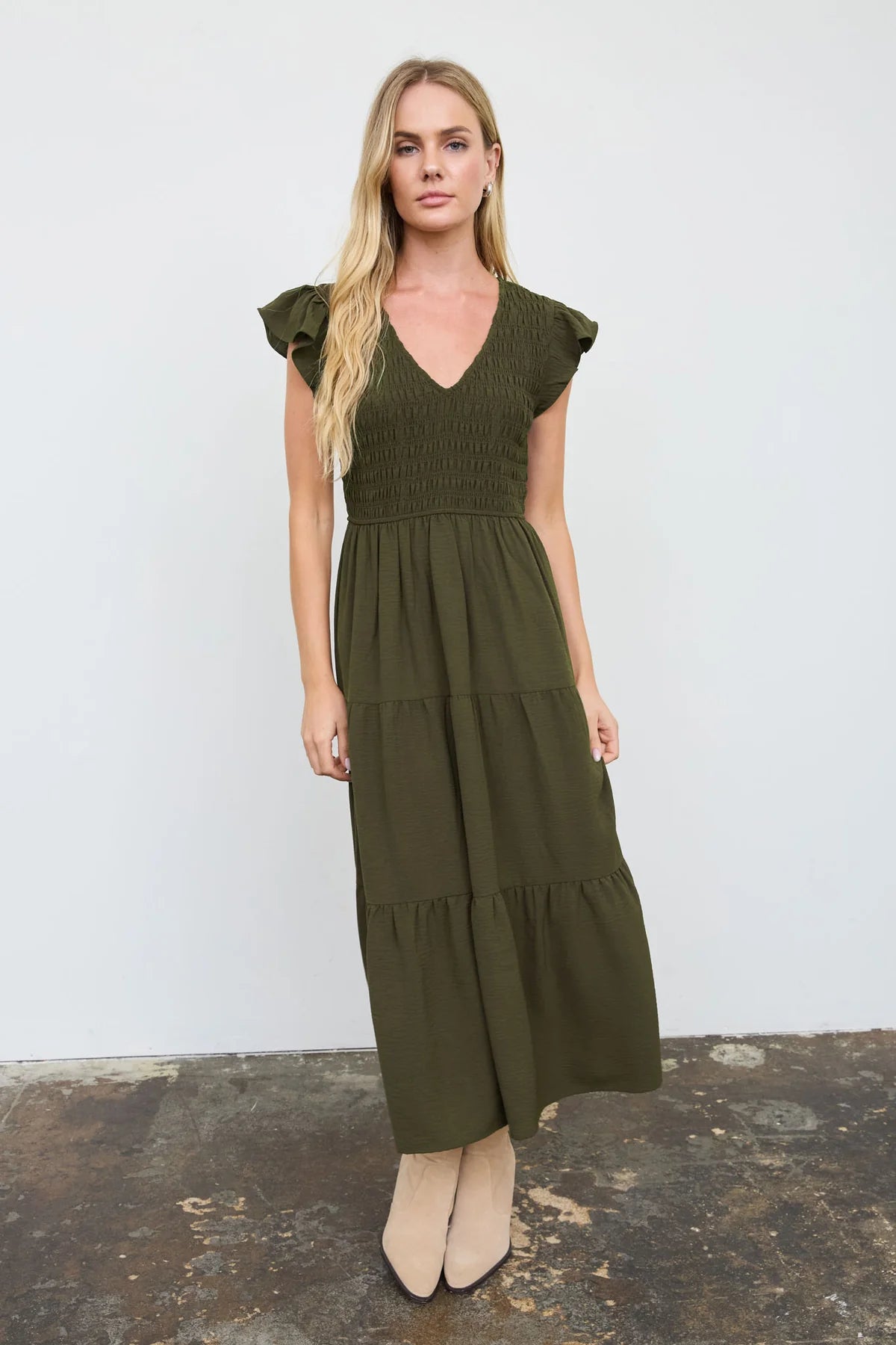 Flutter Sleeve V-Neck Smocked Midi Dress (Olive)