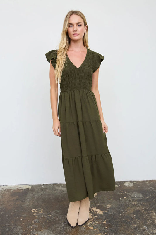 Flutter Sleeve V-Neck Smocked Midi Dress (Olive)