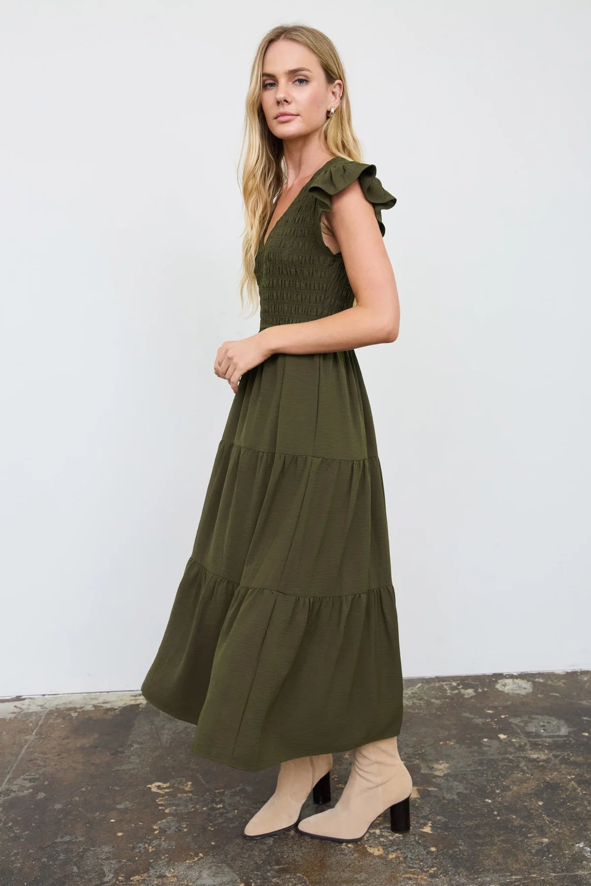 Flutter Sleeve V-Neck Smocked Midi Dress (Olive)