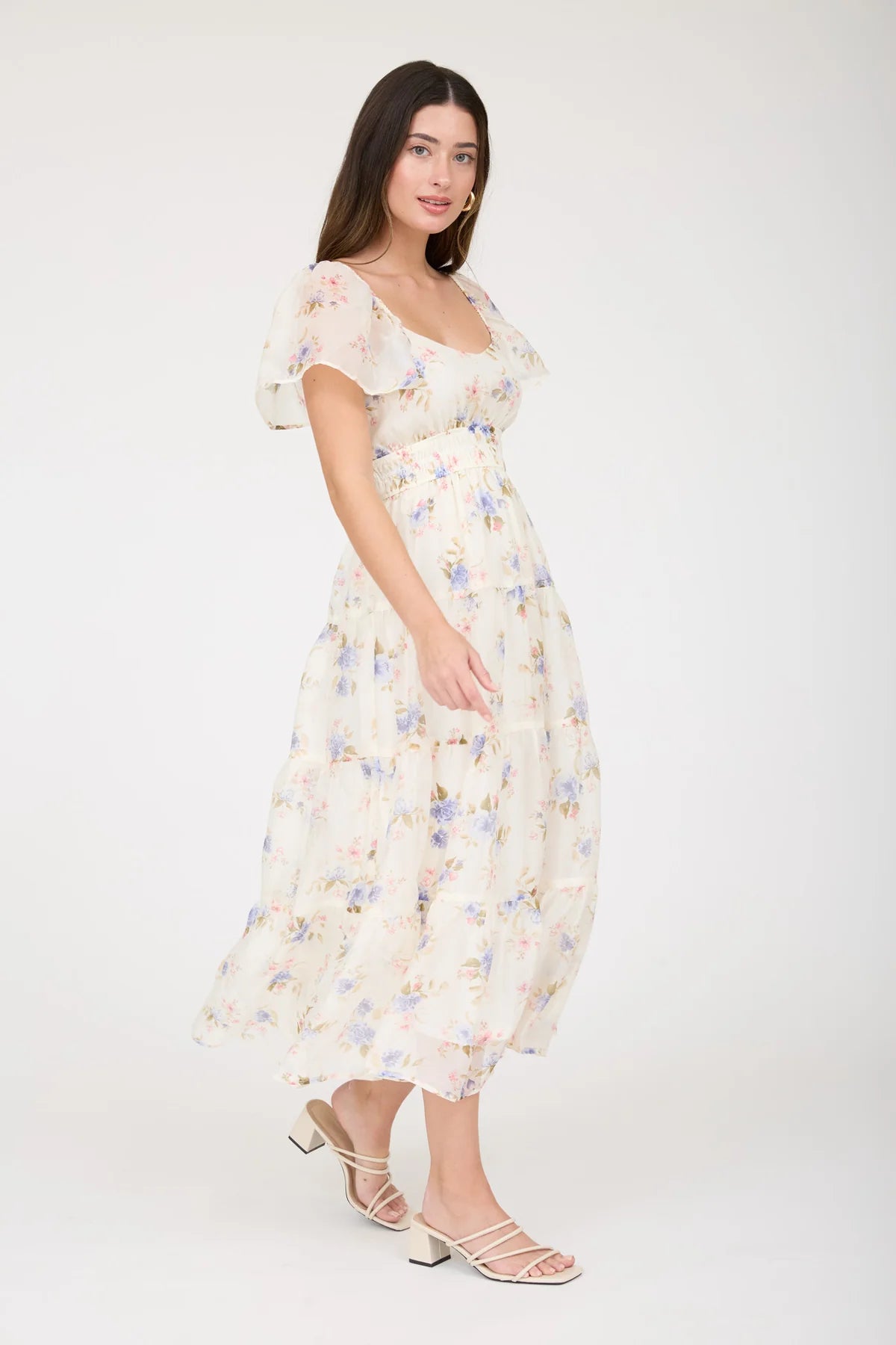 Floral Chiffon Flounce Sleeve Shirred Midi Dress