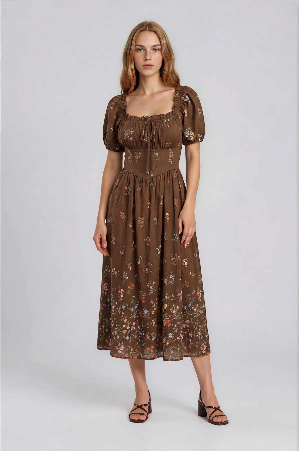 Falling Floral Puff Sleeve Corset Top Midi Dress