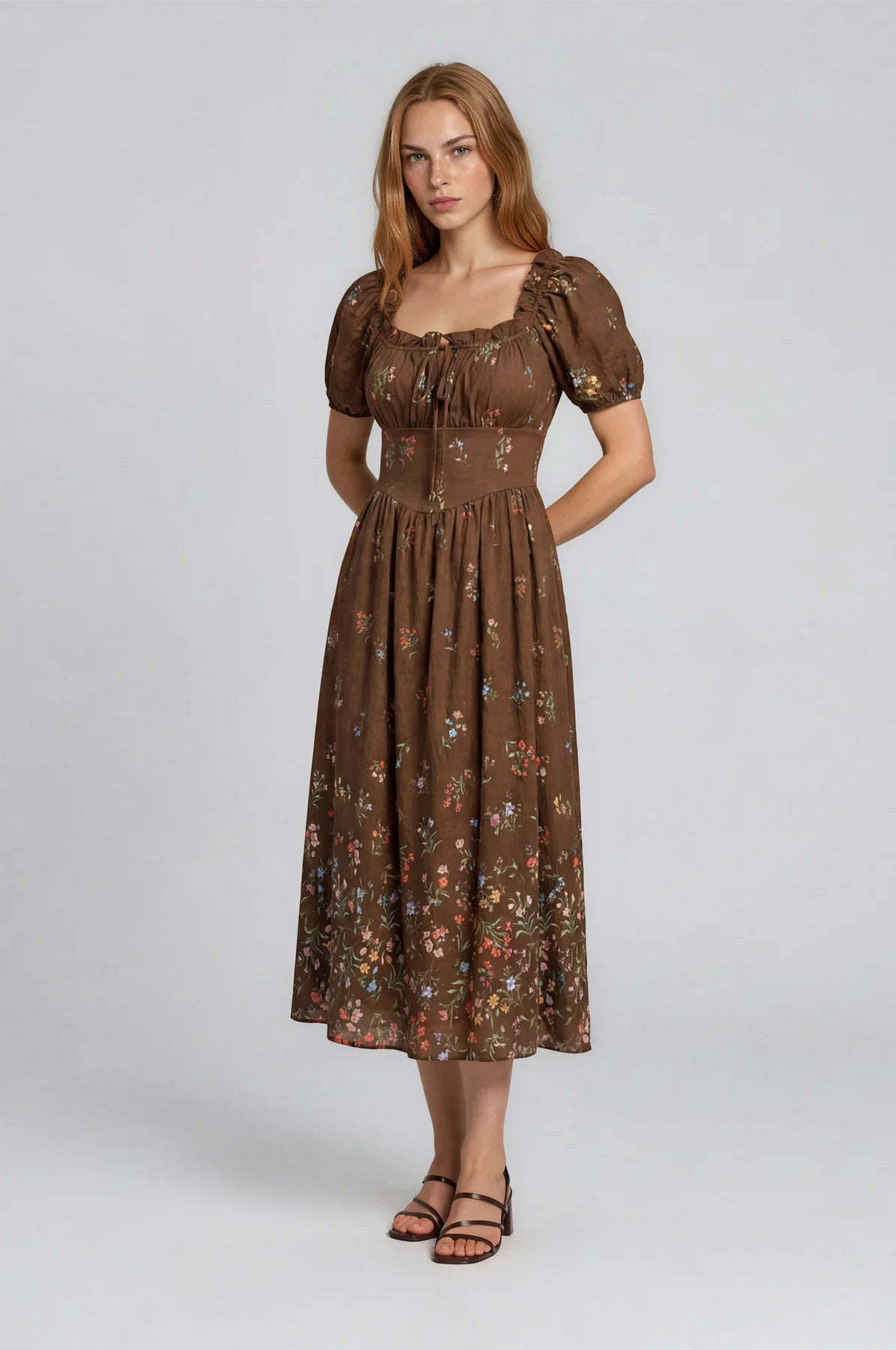 Falling Floral Puff Sleeve Corset Top Midi Dress