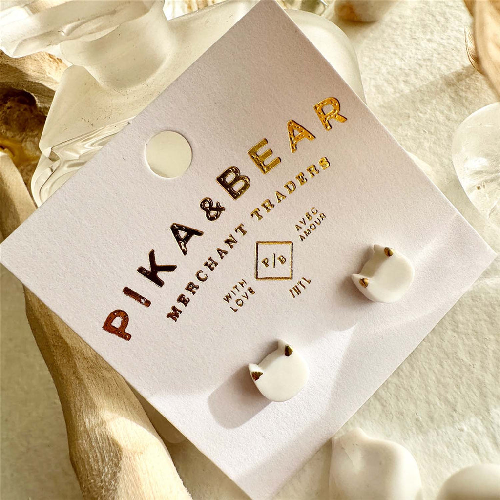 "Mew" Porcelain Cat Face Stud Earrings in White