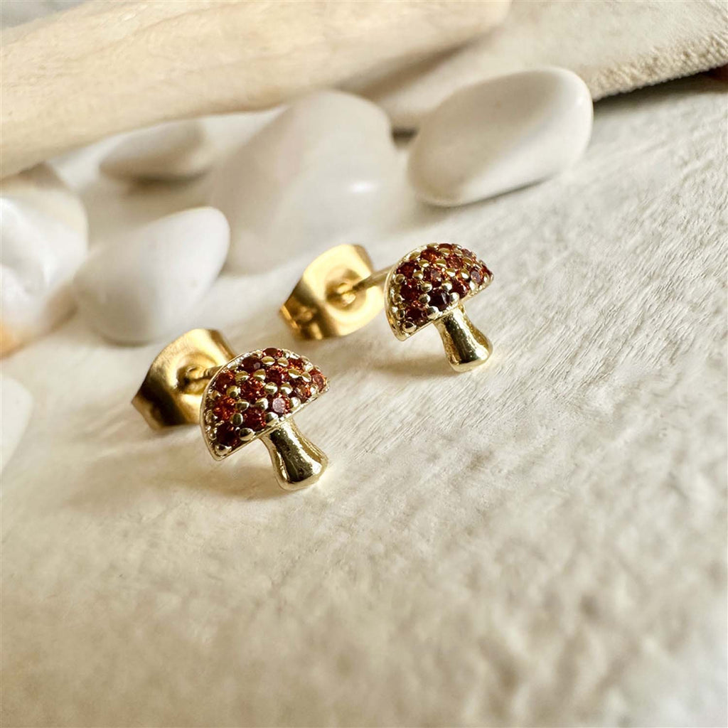 "Peyo" Gem Encrusted Mushroom Stud Earrings with Sterling Silver Posts