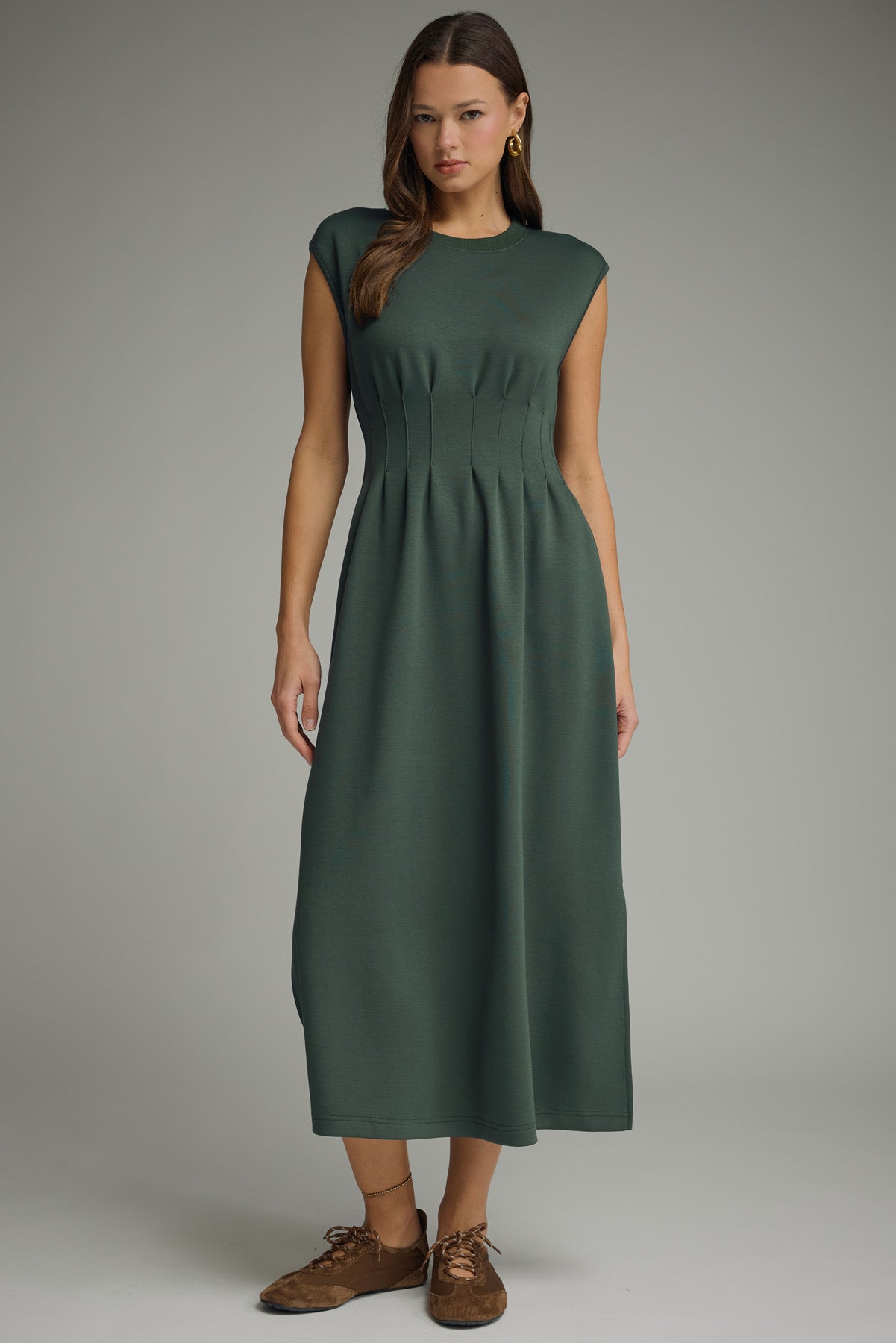 Solid Cap Sleeve Midi Dress w/ Pintuck Detail