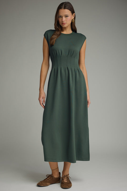 Solid Cap Sleeve Midi Dress w/ Pintuck Detail