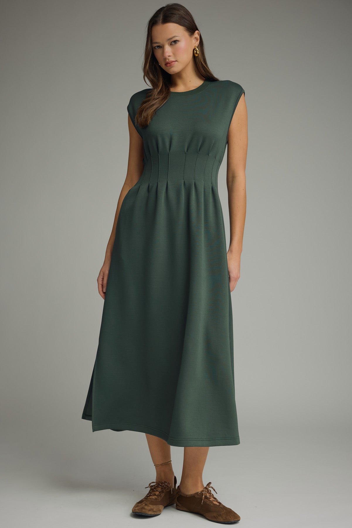 Solid Cap Sleeve Midi Dress w/ Pintuck Detail