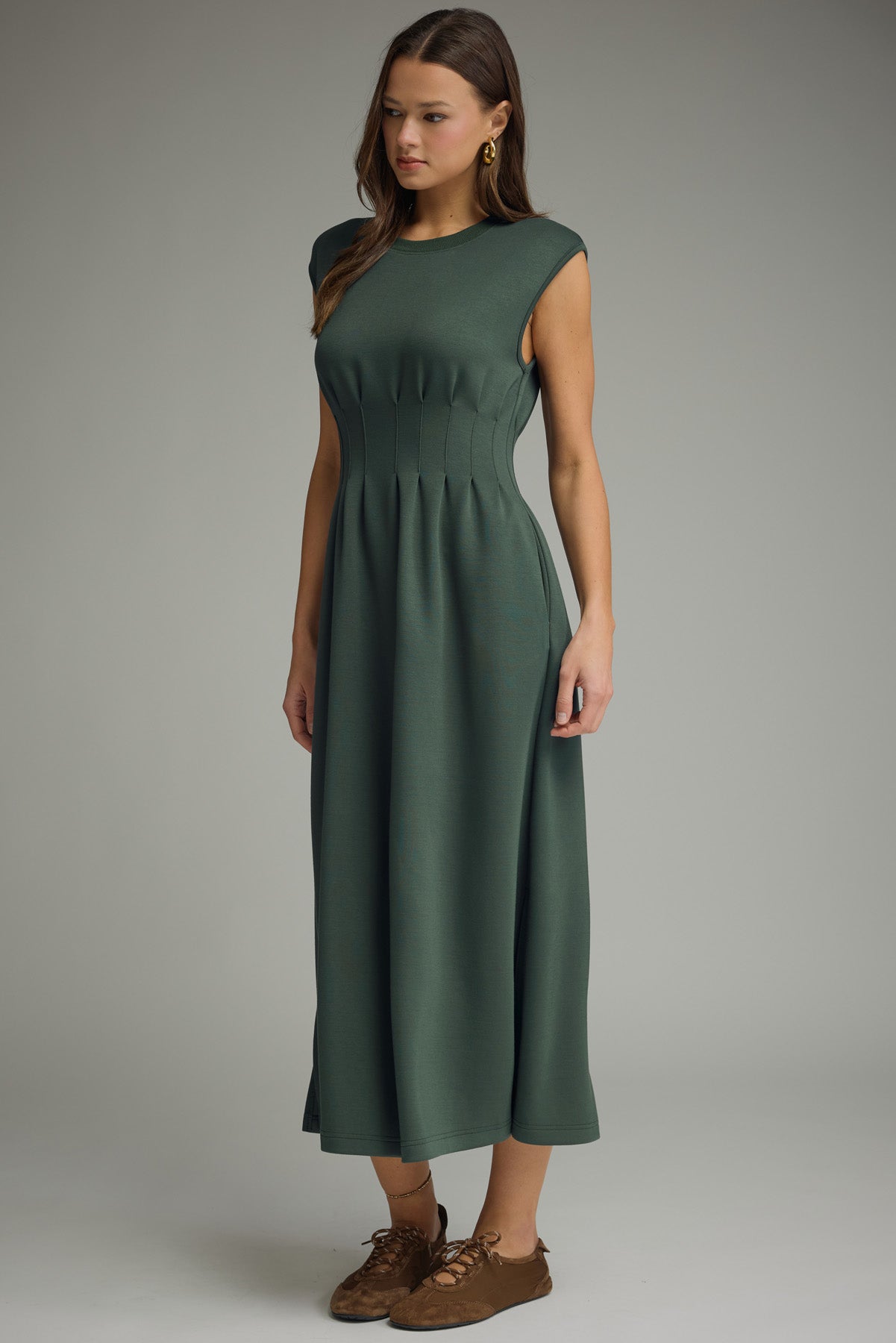 Solid Cap Sleeve Midi Dress w/ Pintuck Detail