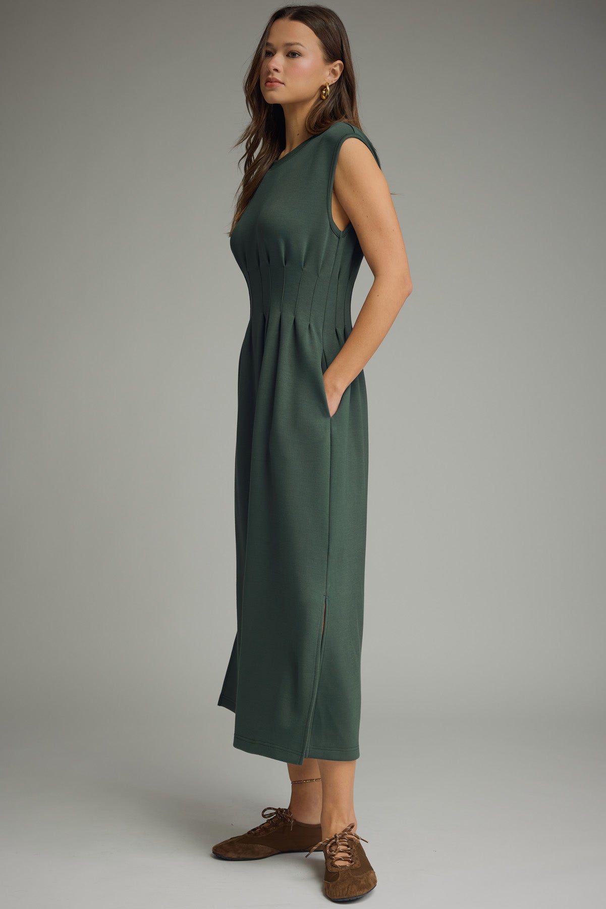 Solid Cap Sleeve Midi Dress w/ Pintuck Detail