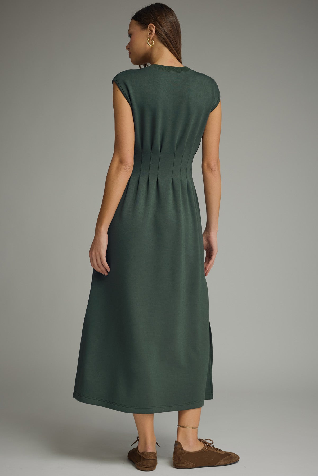 Solid Cap Sleeve Midi Dress w/ Pintuck Detail