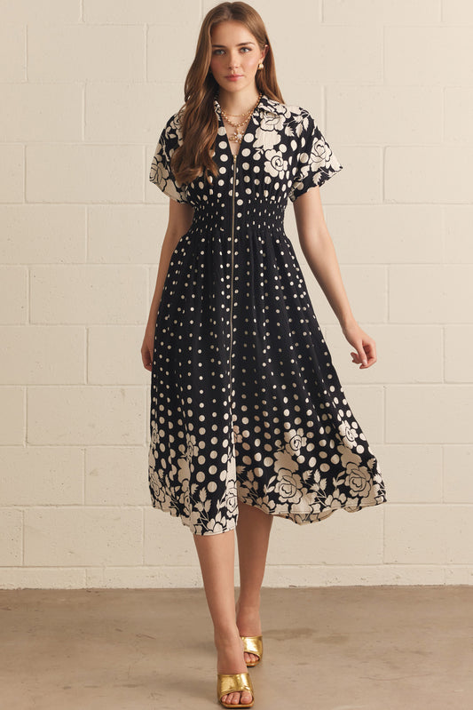Floral & Polka Dot Zipper Front Midi Dress