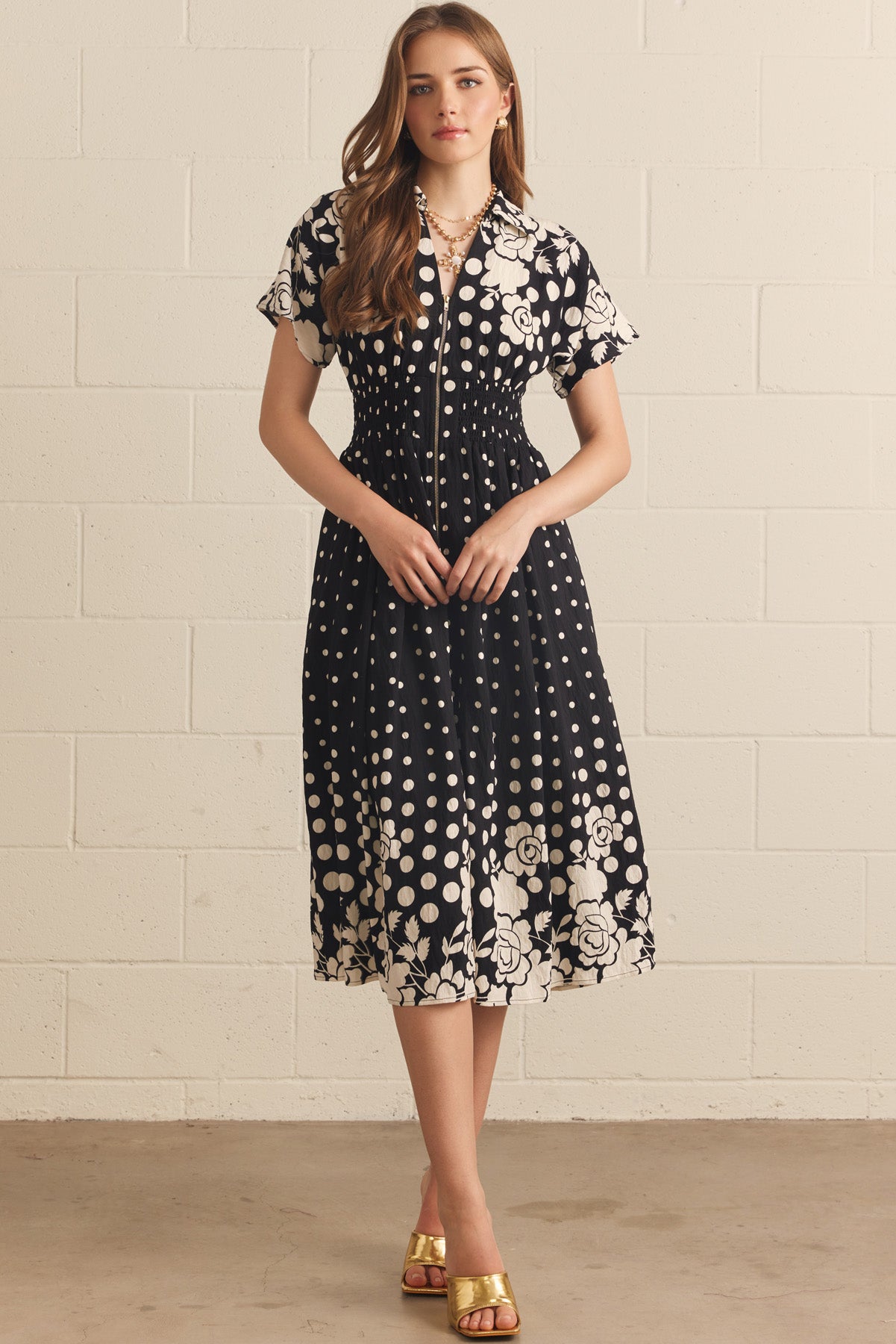 Floral & Polka Dot Zipper Front Midi Dress