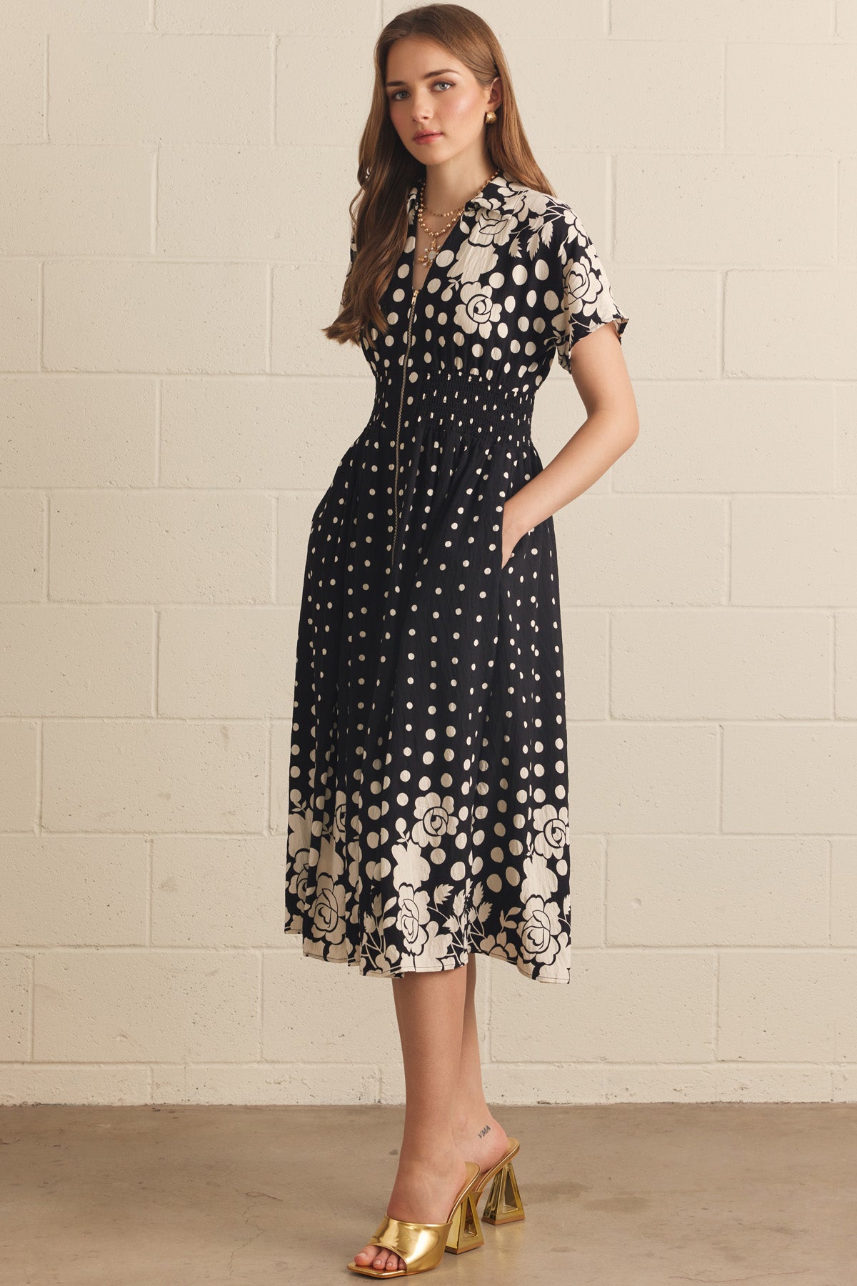 Floral & Polka Dot Zipper Front Midi Dress