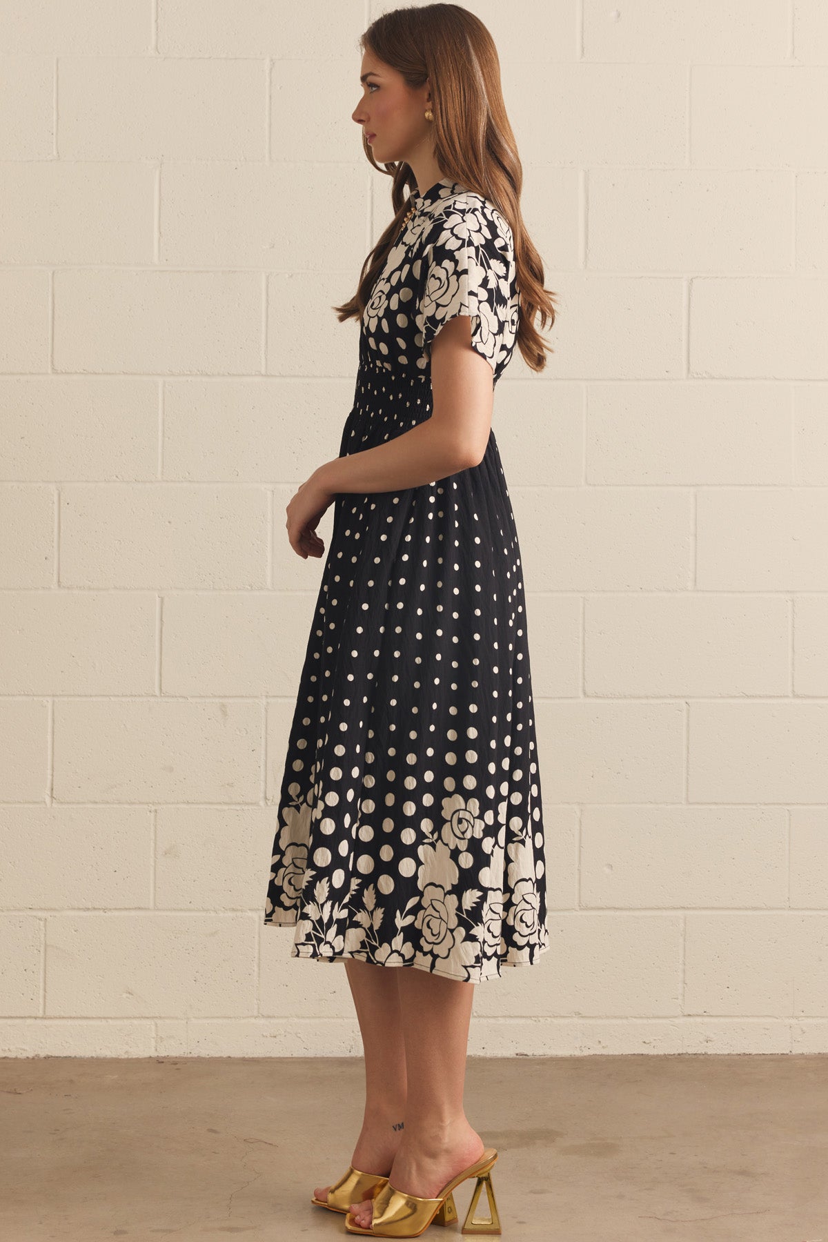 Floral & Polka Dot Zipper Front Midi Dress