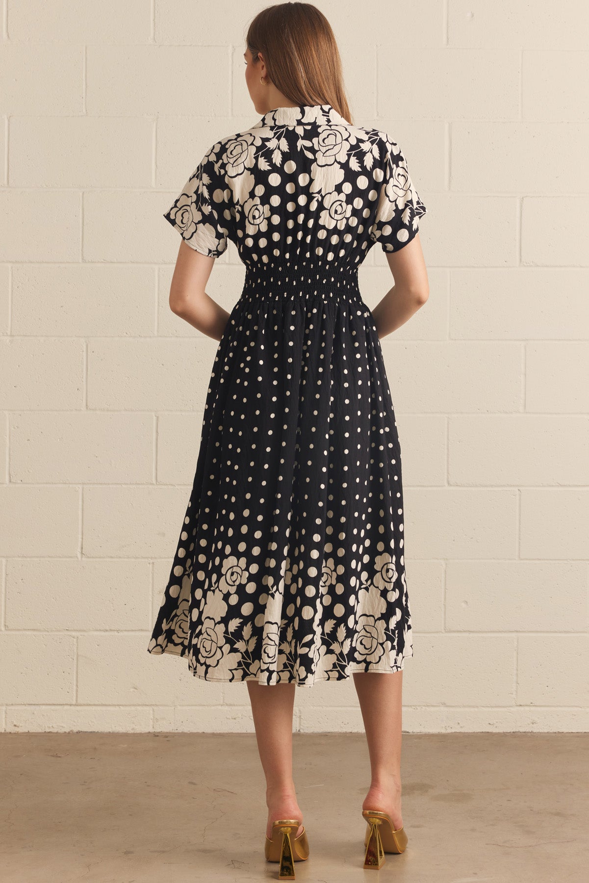 Floral & Polka Dot Zipper Front Midi Dress