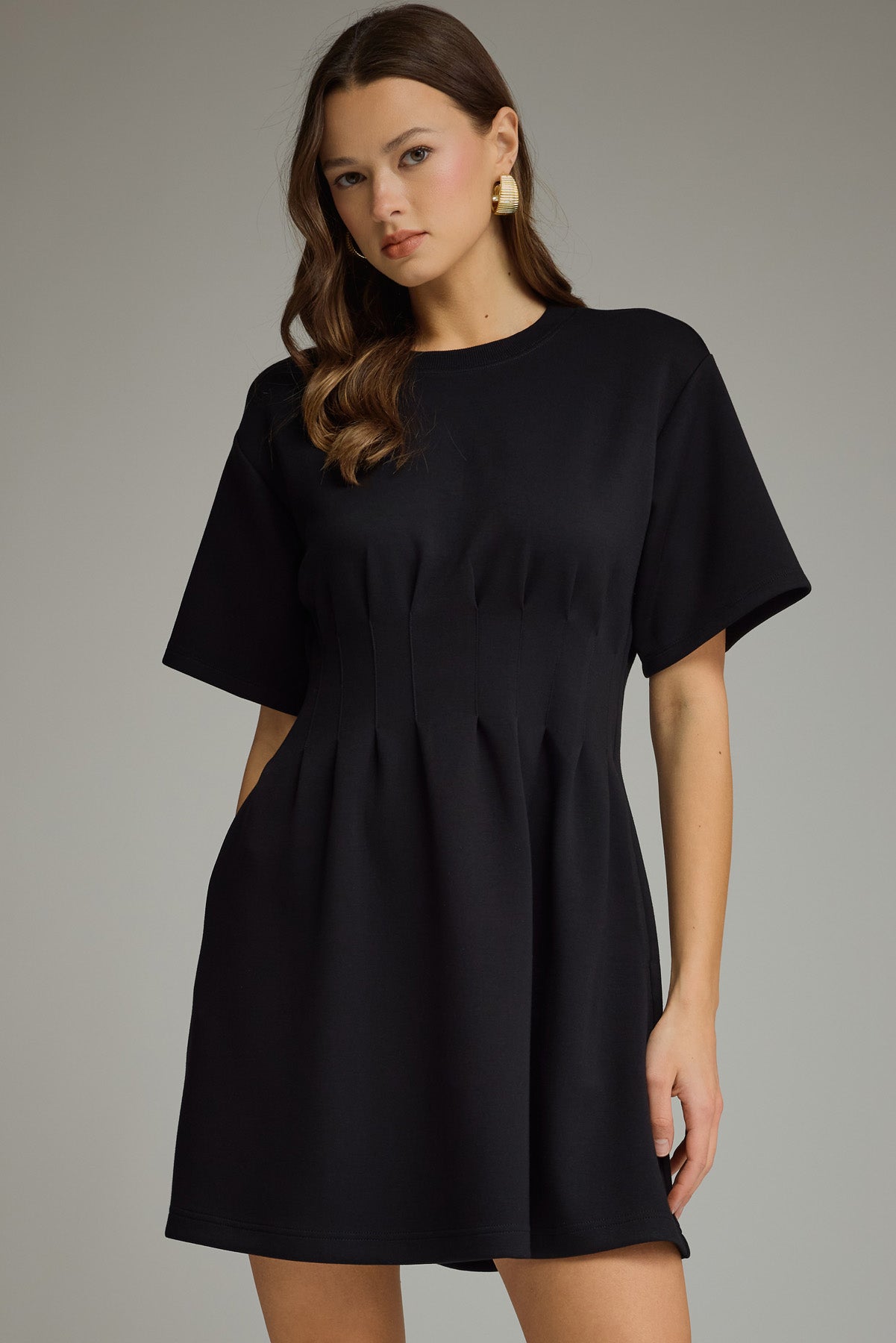 Short Sleeve Pintuck Dress w/ Pockets