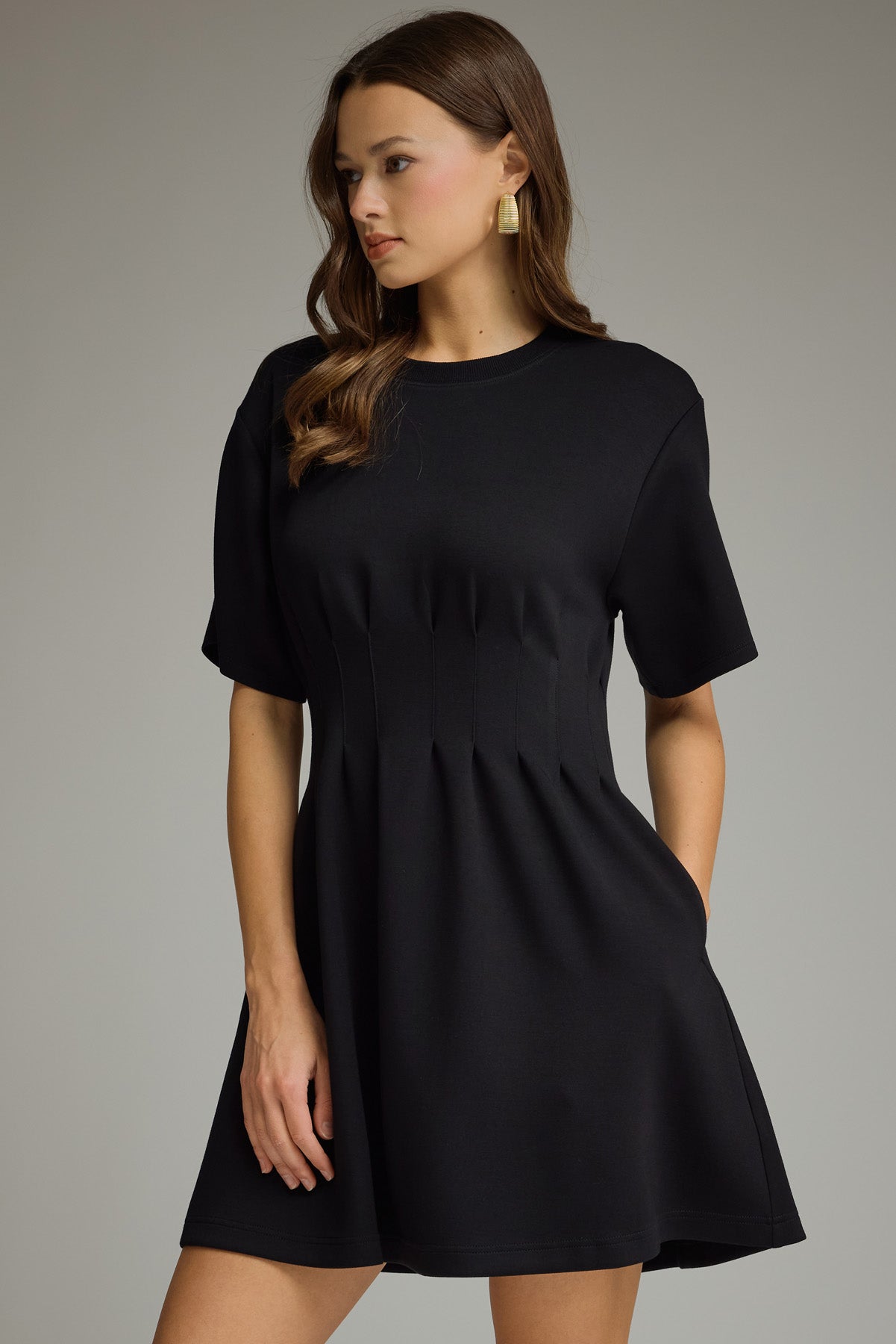 Short Sleeve Pintuck Dress w/ Pockets
