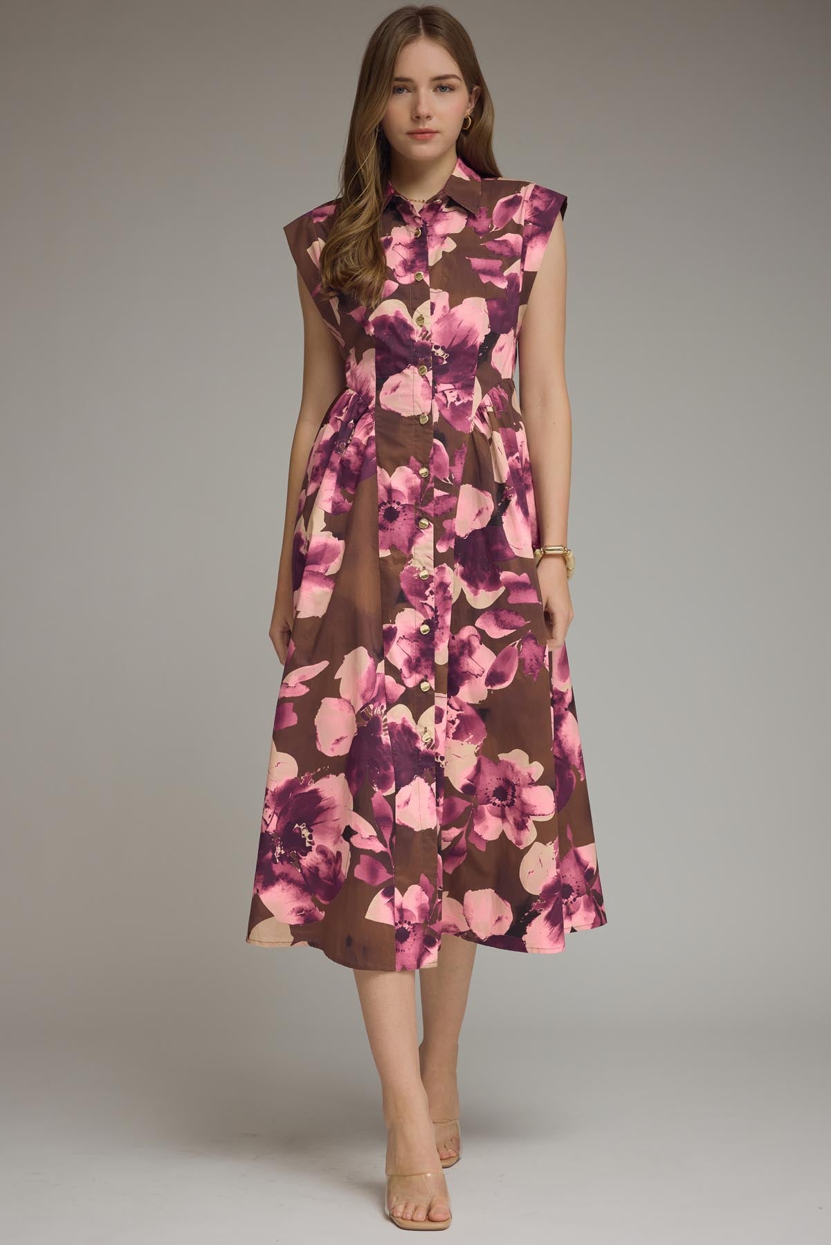 Brown & Plum Floral Print Cap Sleeve Midi Dress
